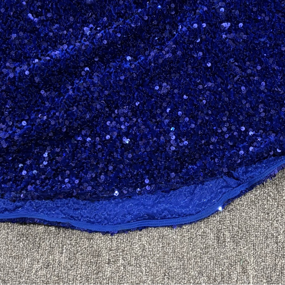 Blue sequin low cut halter fitted formal dress fishtail bottom XS 0 2 - Picture 8 of 11